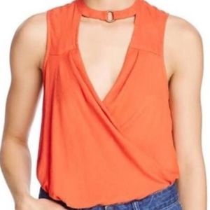 FREE PEOPLE ▪︎ Orange Choker Deep V Faux Wrap Tank
